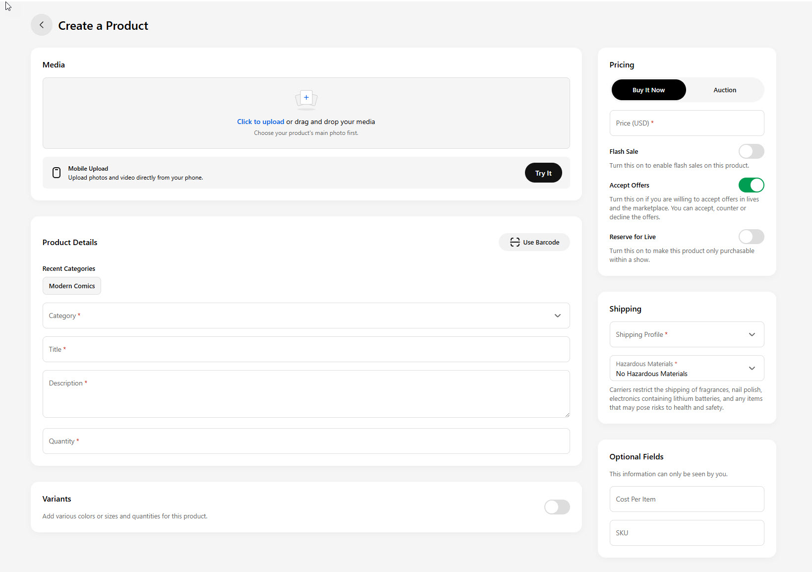 Whatnot Create a Product screen with empty fields