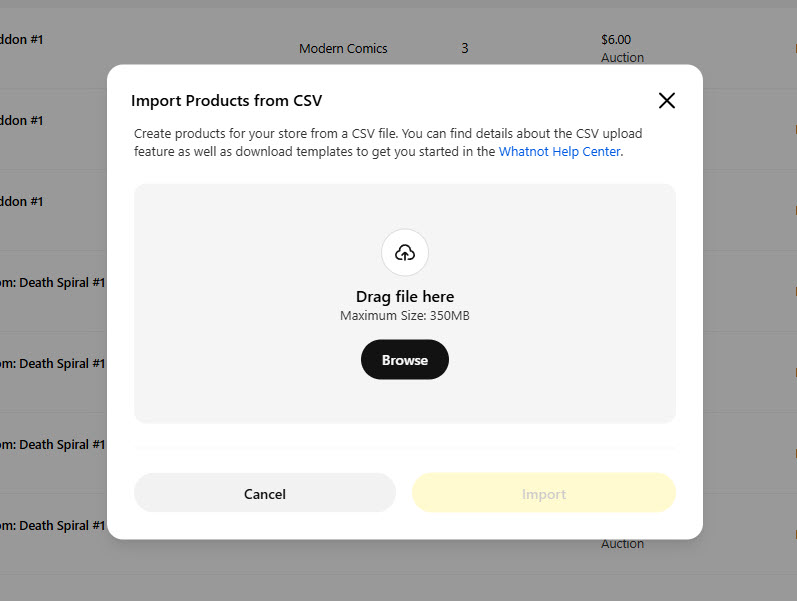 Whatnot Import Products from CSV dialog