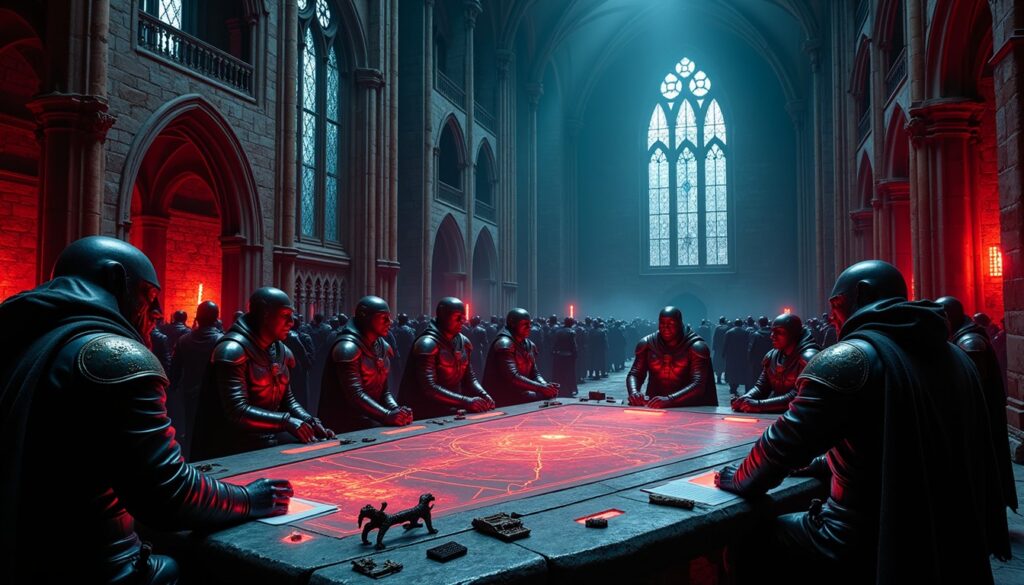 War Council strategy session around a glowing tactical table
