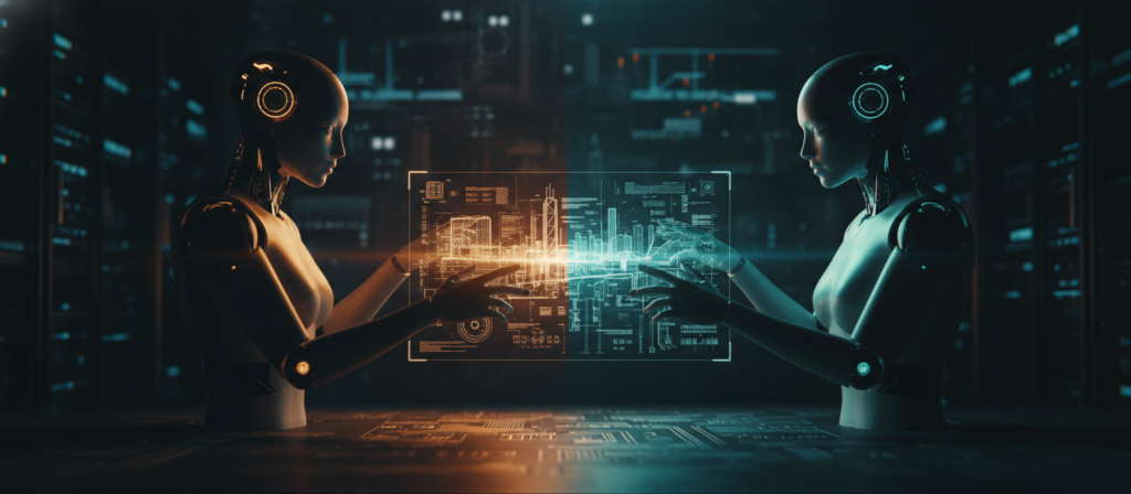 Two AI architects in profile silhouette, amber and teal glow, examining a shared blueprint