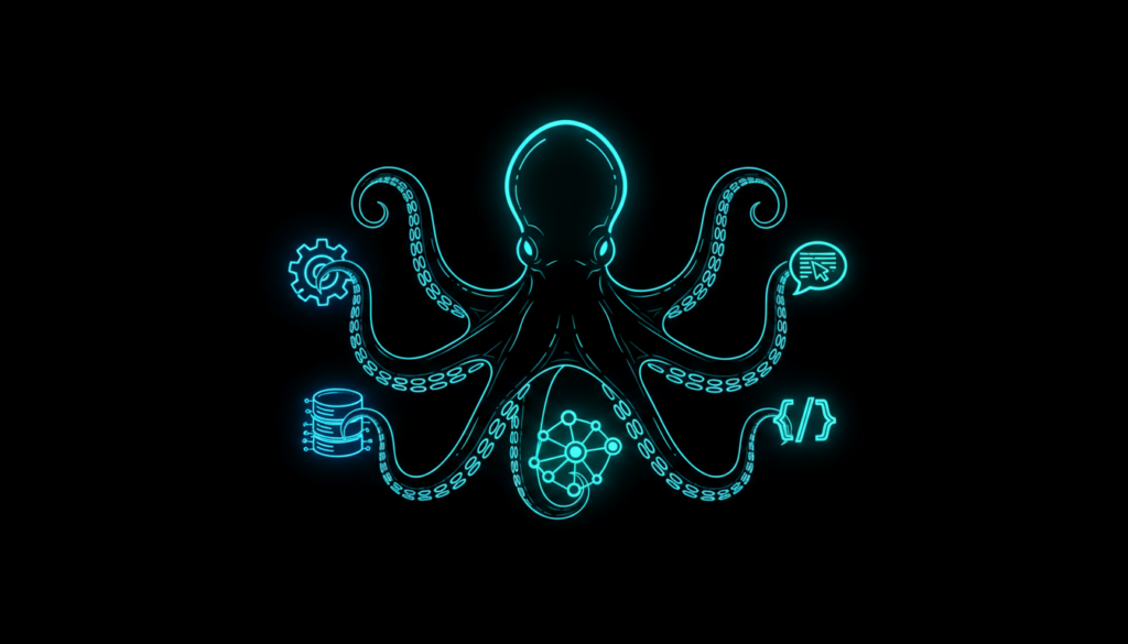 Octopus silhouette with five tentacles wrapped around glowing tech icons, cyan cyberpunk aesthetic