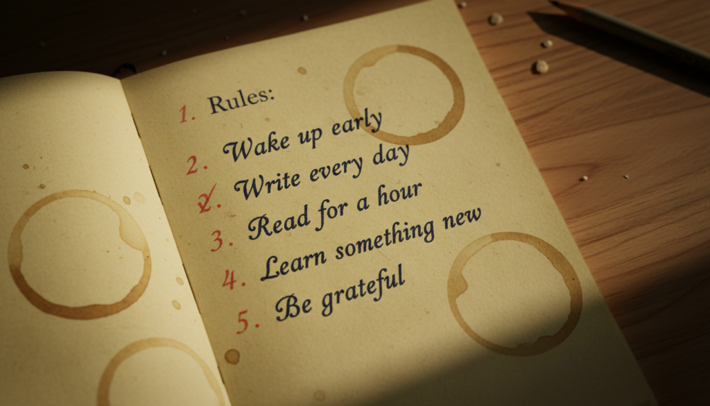 Notebook with five handwritten rules numbered with red checkmarks on a coffee-stained page