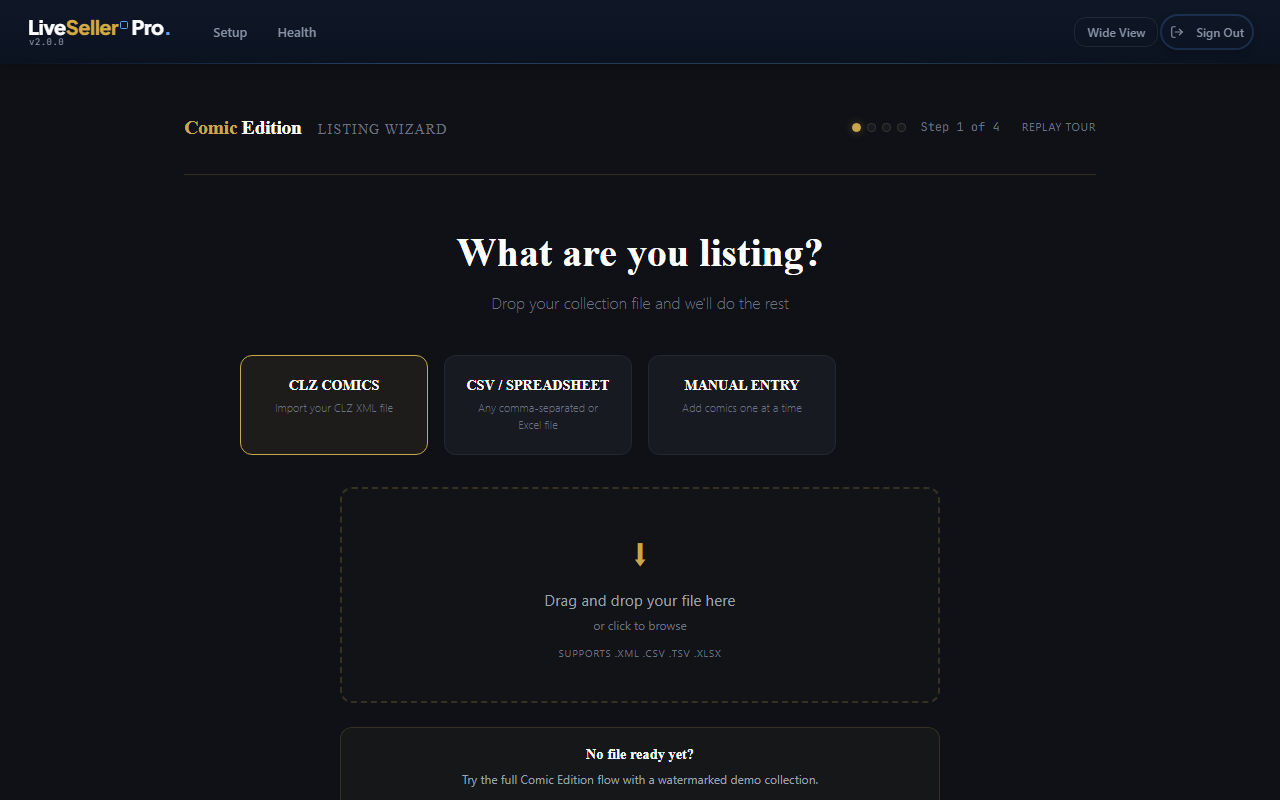 LiveSeller Pro source picker showing CLZ, CSV, and manual entry import options